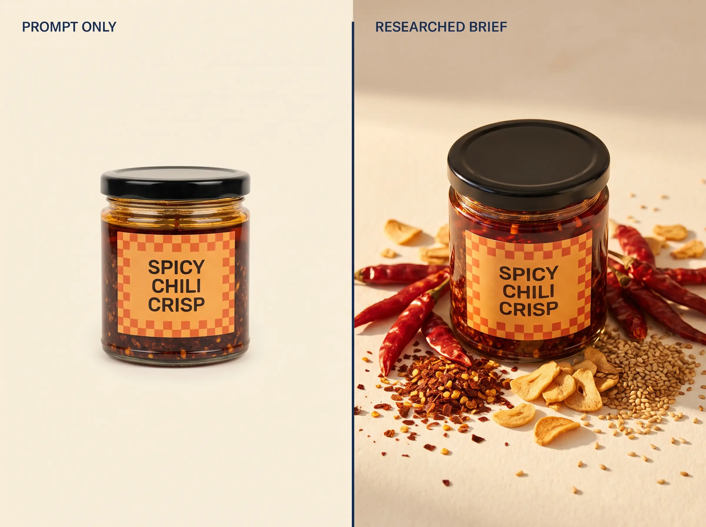 Comparison of a prompt-only AI product photo versus a researched briefed AI product photo of the same jar