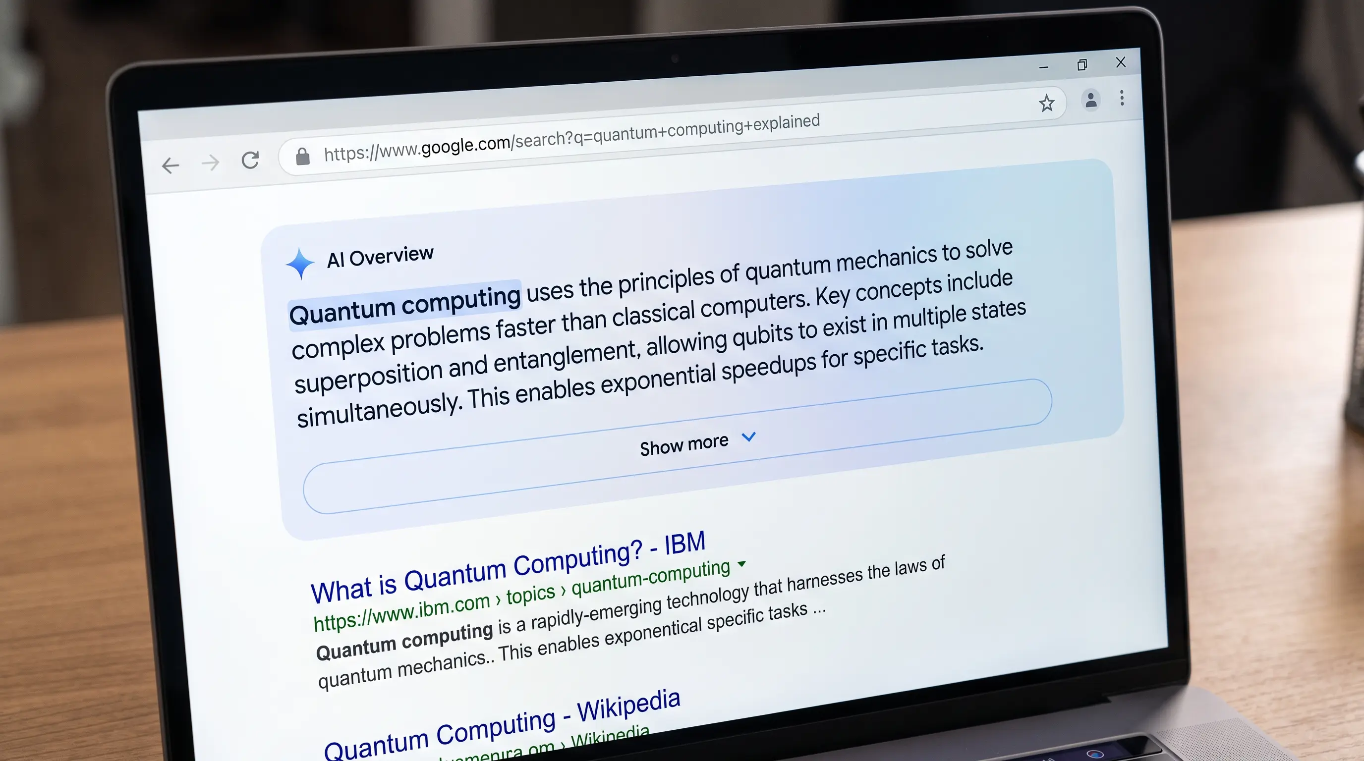 Search results page showing an AI answer occupying the top of the screen with organic listings pushed below the fold